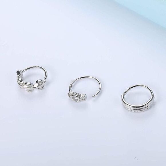 .925 Sterling Silver and Diamond Cubic Zirconia 20G Nose Hoop Rings - Set of 3 - Picture 2 of 5